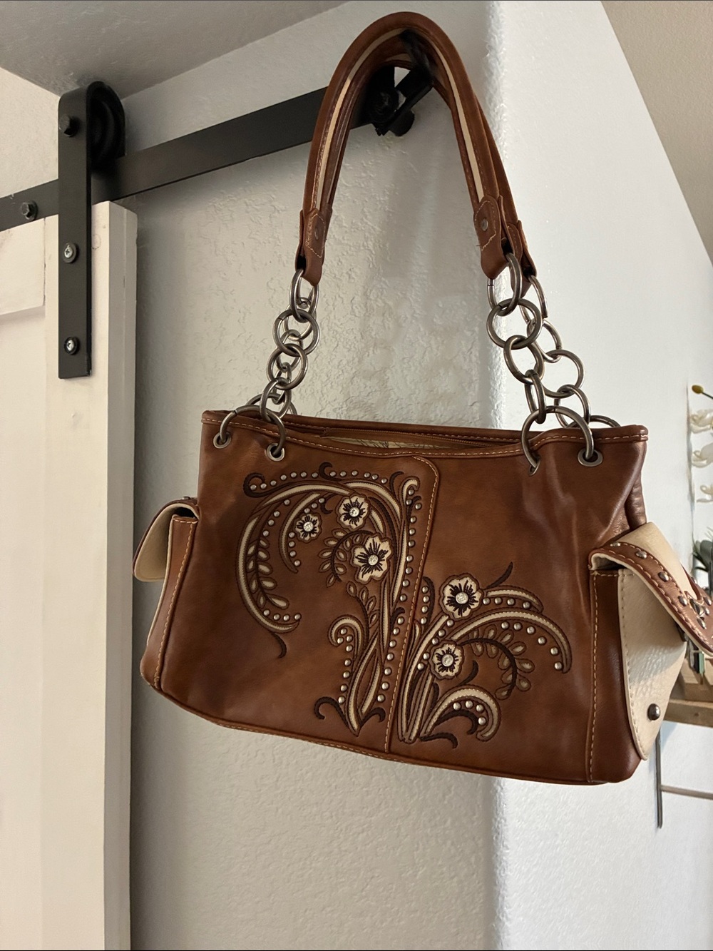 Montana West Brown and Cream Embossed Floral Shoulder Bag with Chain Accents